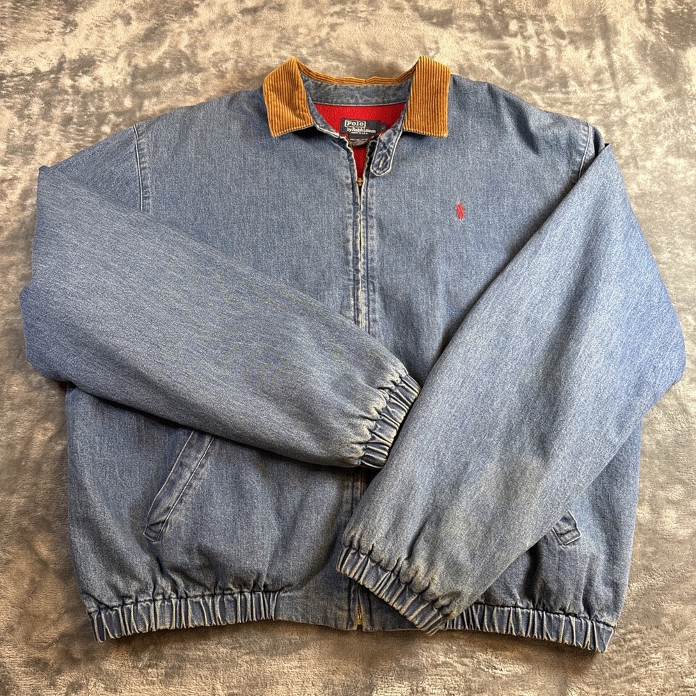 Vtg Polo Ralph Lauren Denim Harrington Bomber Jacket Red Flannel Lining Sz Large
